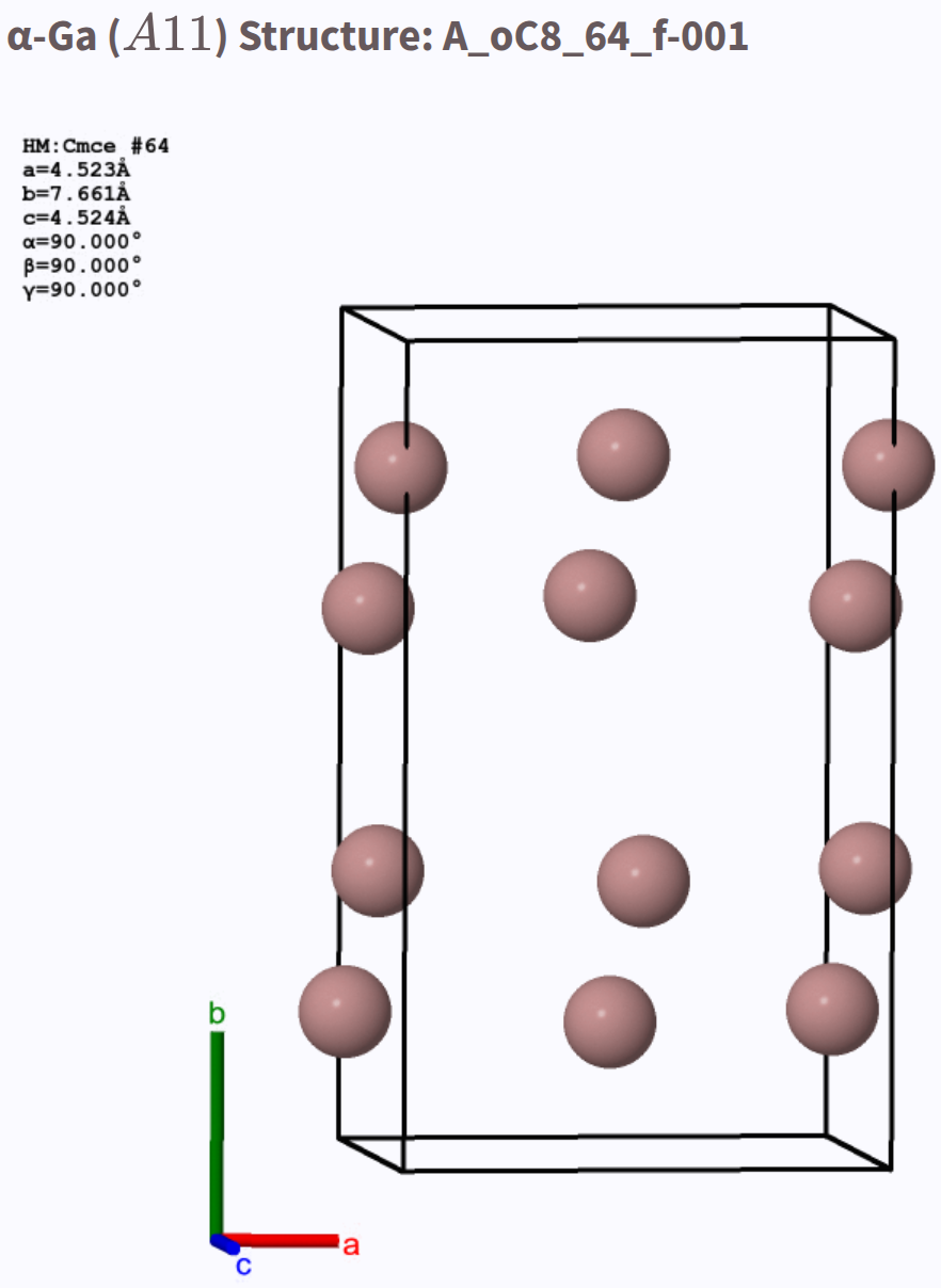 alpha-Gallium (A11) entry from the Encyclopedia
		      of crystallographic prototypes, AFLOW label
		      A_oC8_64_f-001
