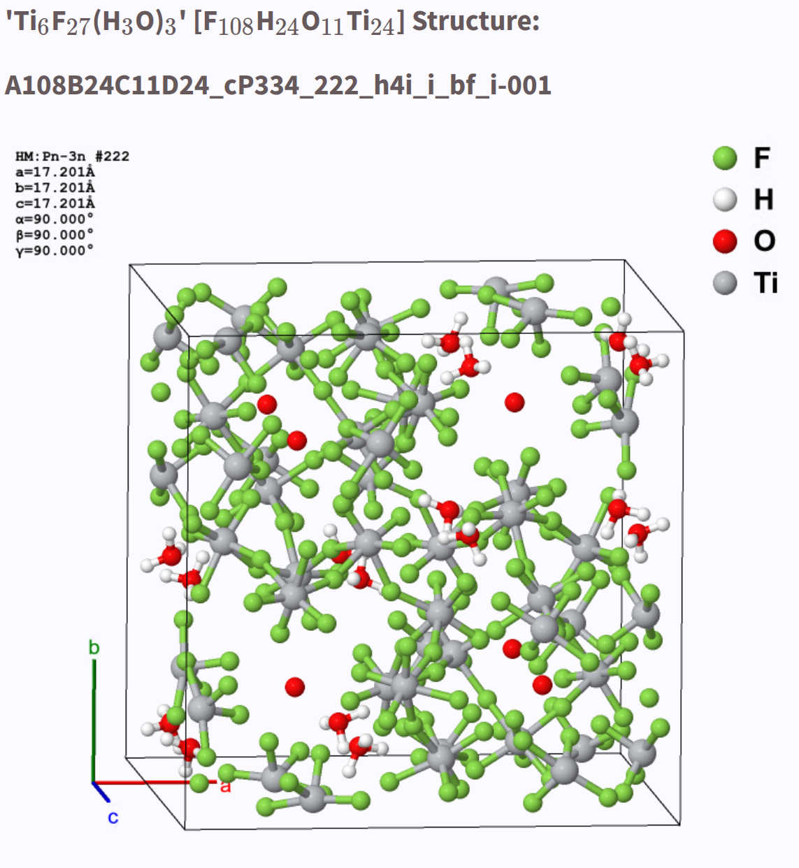 Ti<sub>6</sub>F<sub>27</sub>(H<sub>3</sub>O)<sub>3</sub>
	  entry from the Encyclopedia of crystallographic prototypes,
	  AFLOW label A108B24C11D24_cP334_222_h4i_i_bf_i-001